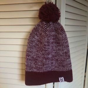 Burgundy/white hat with Pom Pom